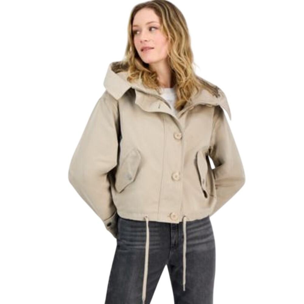 GUESS Women's Nora Cropped Hooded Utility Jacket in Beige Macadamia Nuts Multi